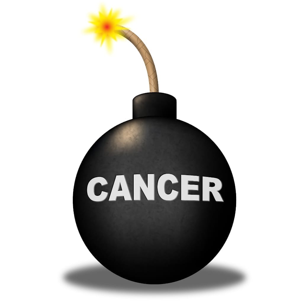 Cartoon image of bomb with "Cancer" written across it