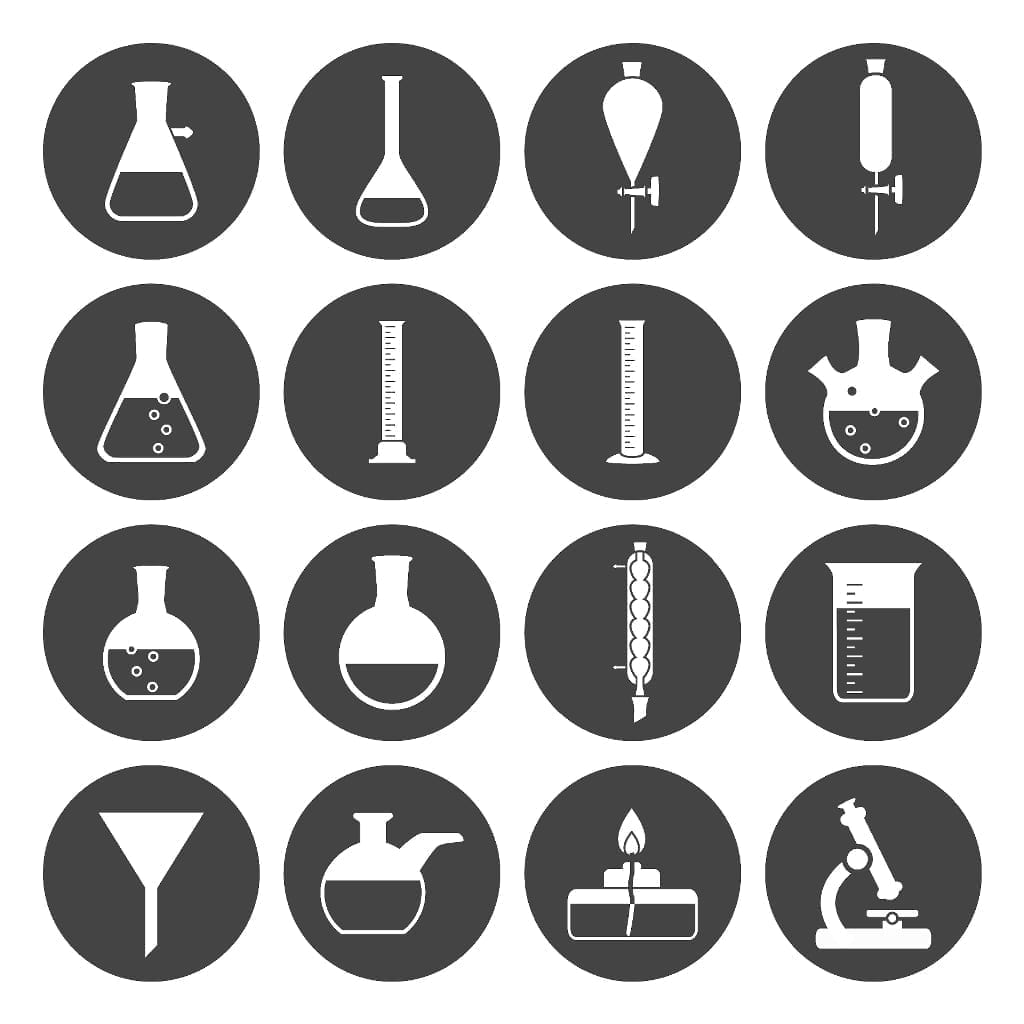 Cartoon renderings of various types of lab equipment