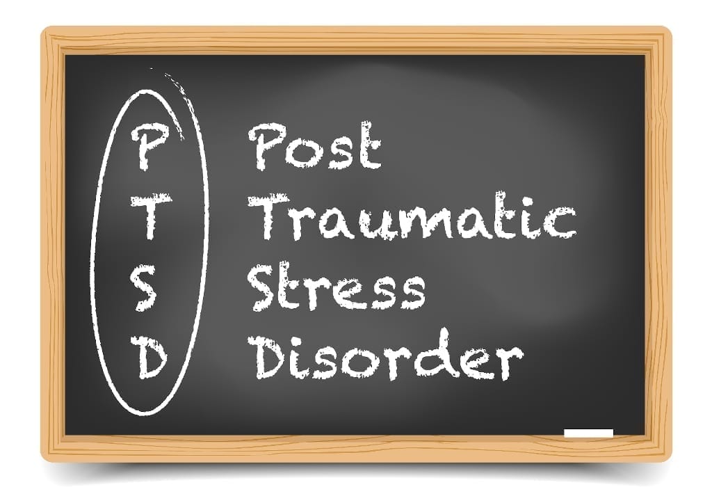Chalk board explaining the acronym 'PTSD'