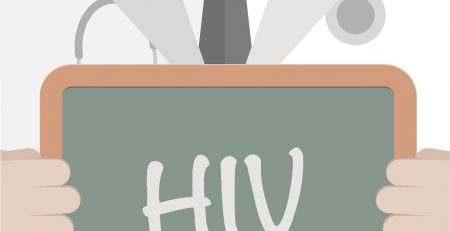 Cartoon of doctor holding chalkboard reading "HIV"