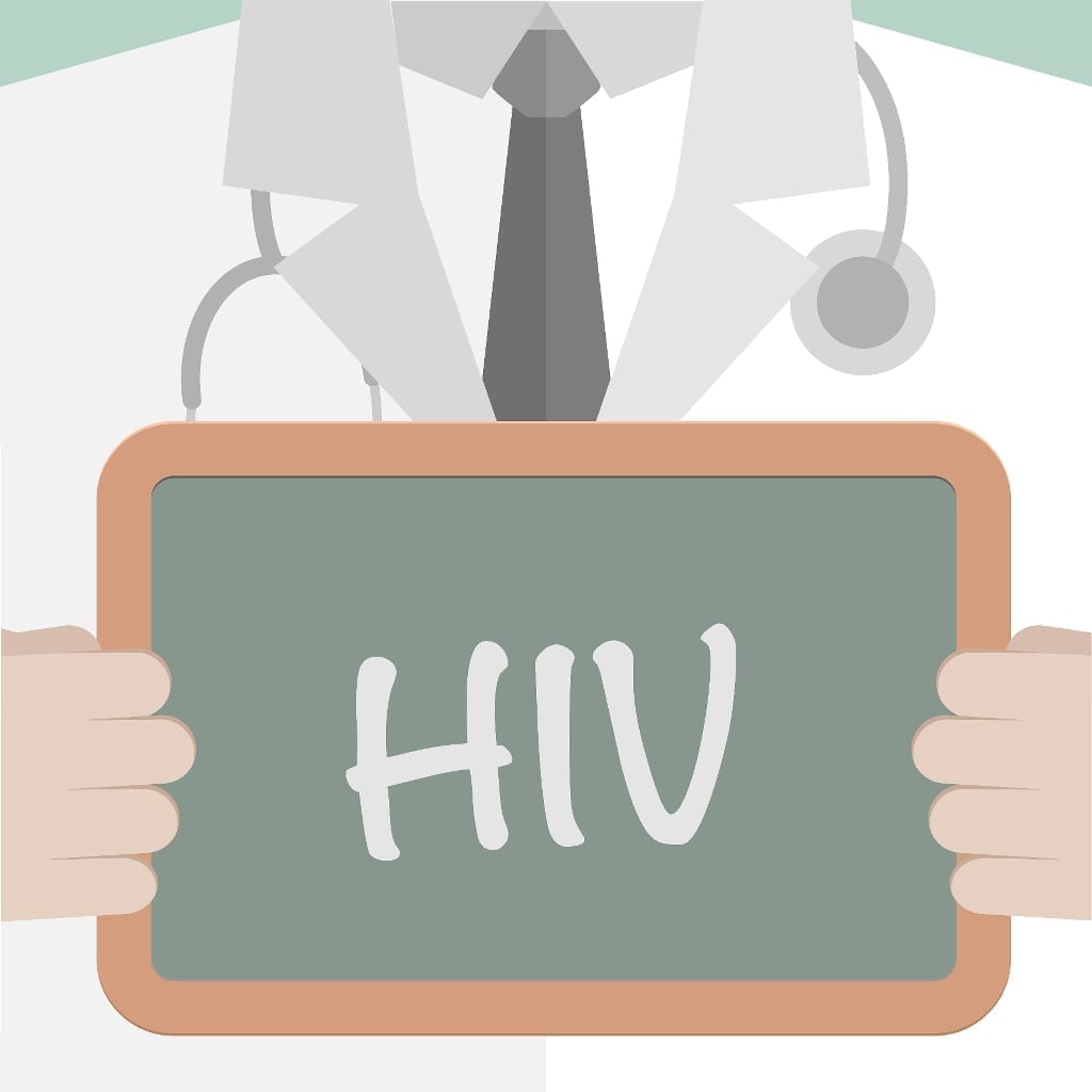 Cartoon of doctor holding chalkboard reading "HIV"