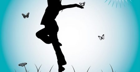 Cartoon image of girl leaping through field 