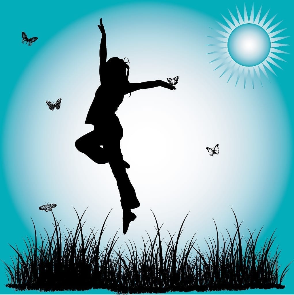 Cartoon image of girl leaping through field
